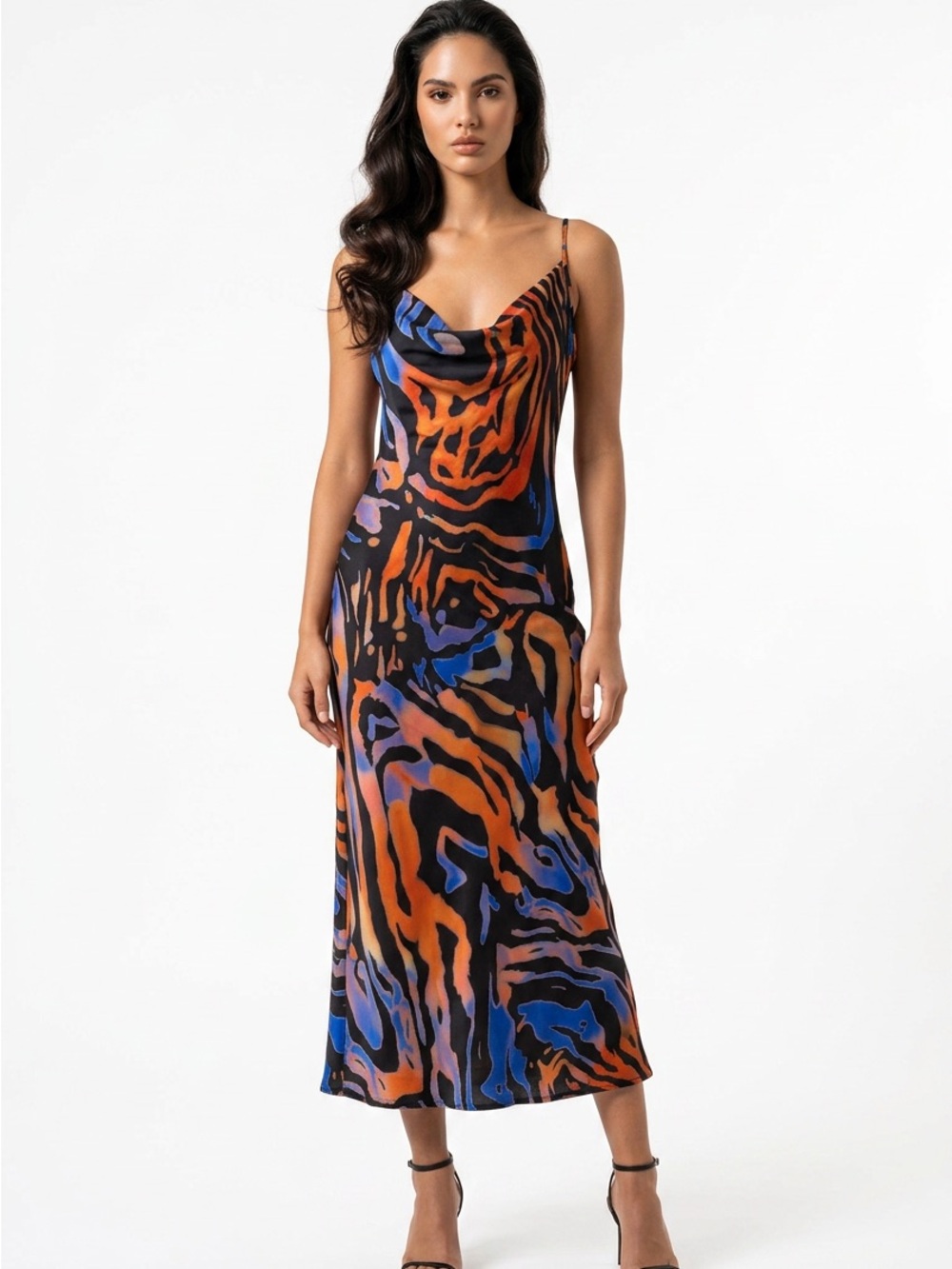 Women's Abstract Slip Dress in Orange & Blue